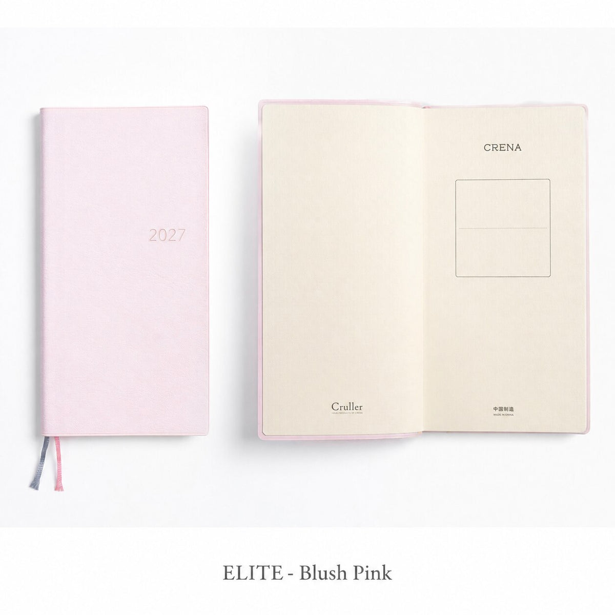 CRENA 2027 weekly planner with ELITE Blush Pink cover, showing the front cover and inside title page