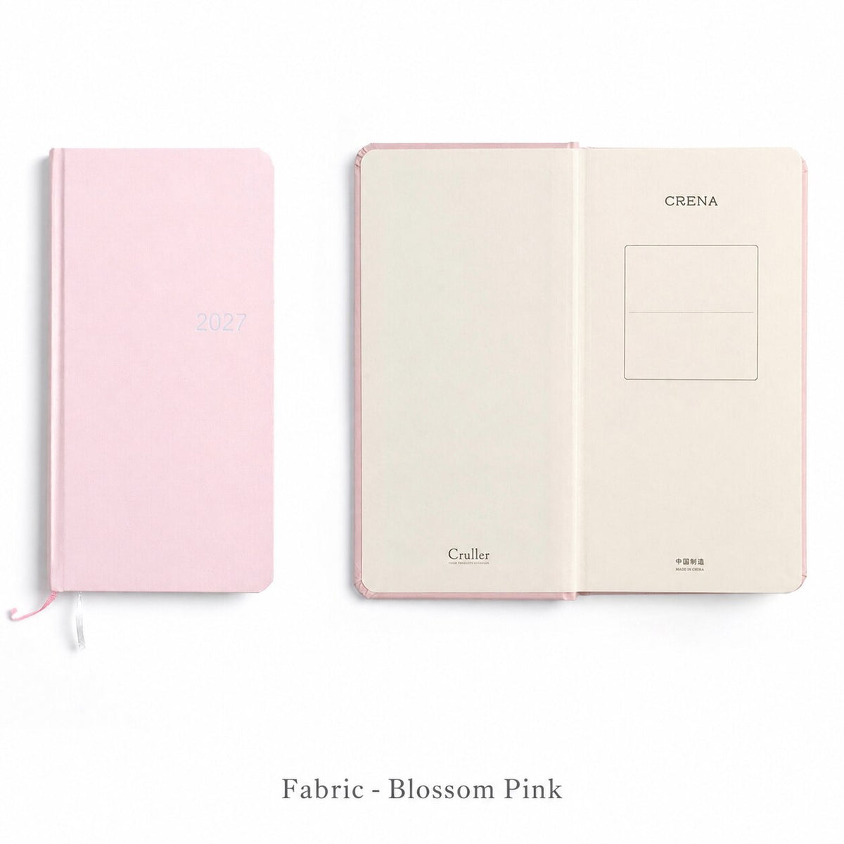 CRENA 2027 weekly planner with Blossom Pink fabric cover, showing the front cover and inside title page