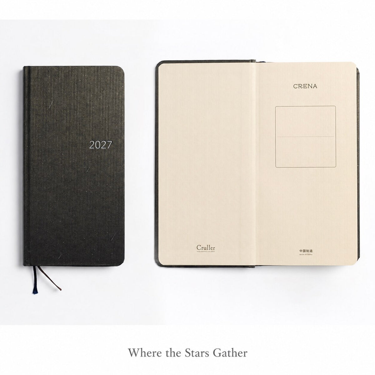 CRENA 2027 weekly planner with Where the Stars Gather cover, showing the front cover and inside title page