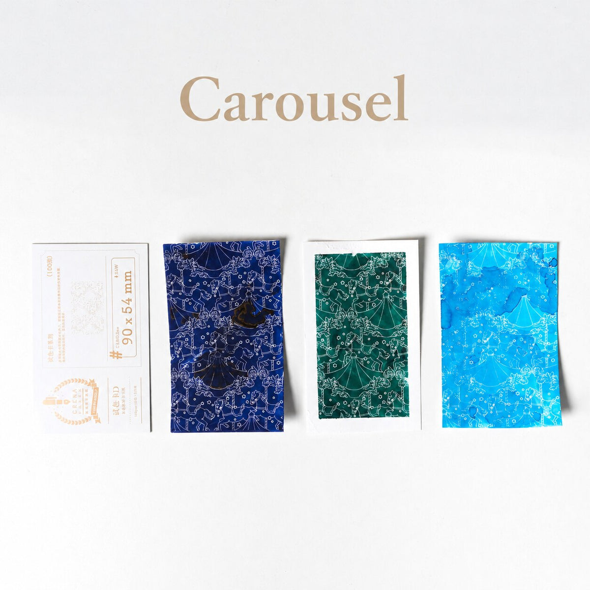 CRENA Carousel hydrophobic ink swatch cards with blue, green, and turquoise ink samples