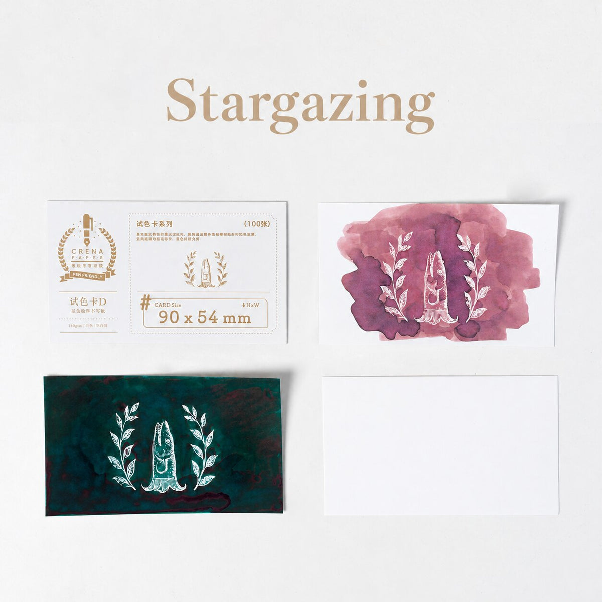 CRENA Stargazing hydrophobic ink swatch cards with ink revealing a candle and foliage design