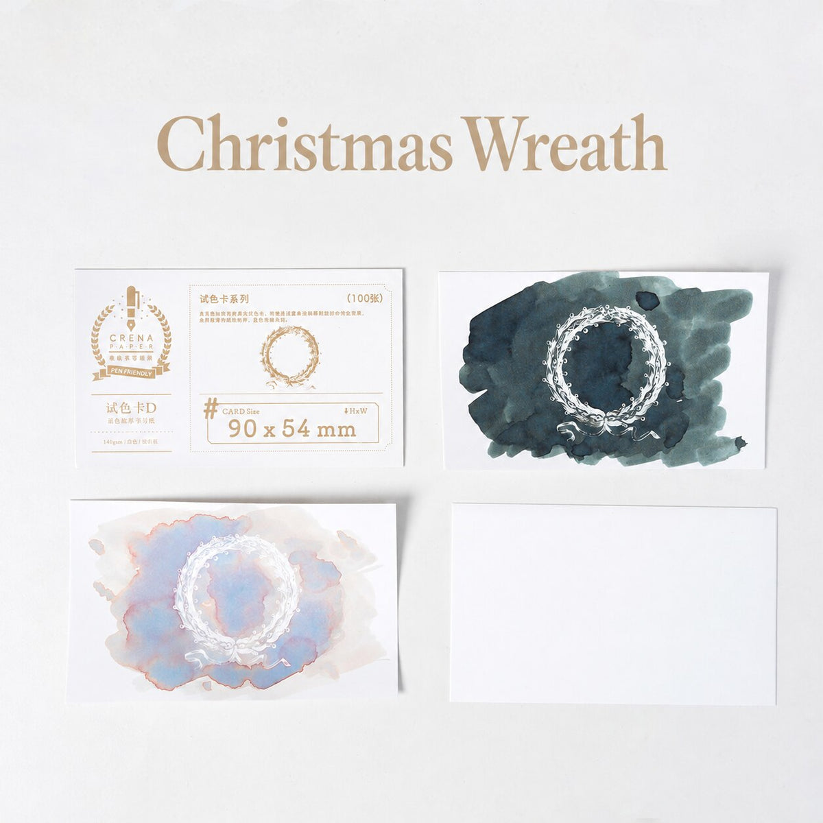 CRENA Christmas Wreath hydrophobic ink swatch cards showing a wreath revealed by dark and pastel inks
