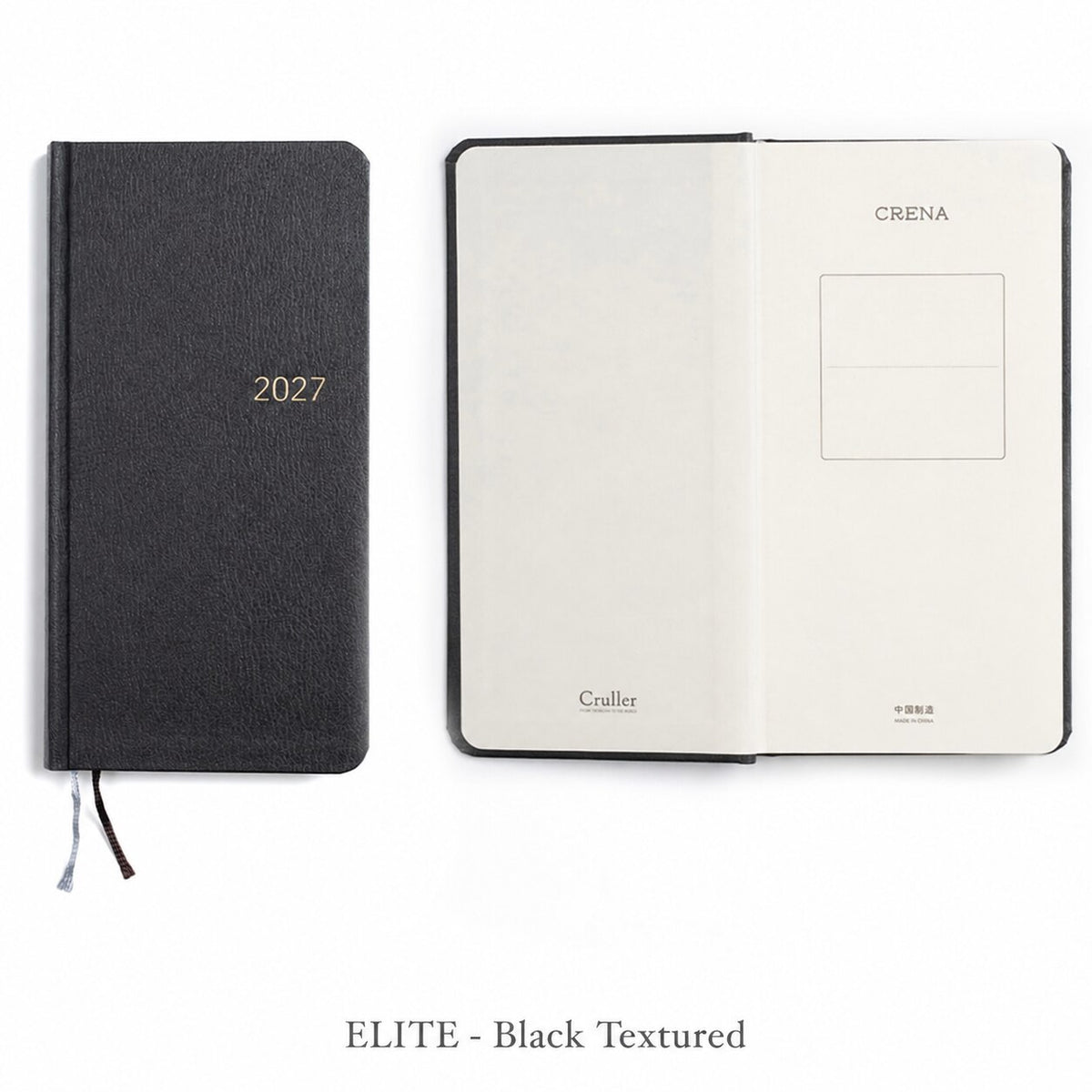 CRENA 2027 weekly planner with ELITE black textured cover, showing the front cover and inside title page