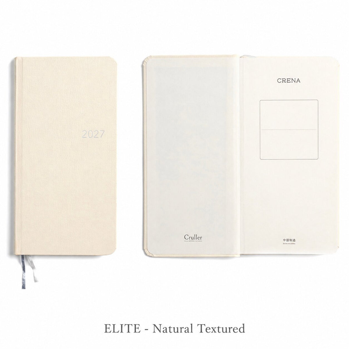 CRENA 2027 weekly planner with ELITE natural textured cover, showing the front cover and inside title page