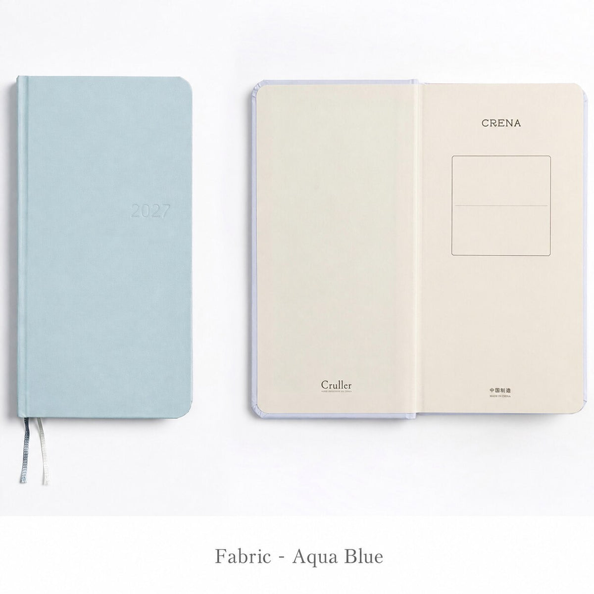 CRENA 2027 weekly planner with Aqua Blue fabric cover, showing the front cover and inside title page