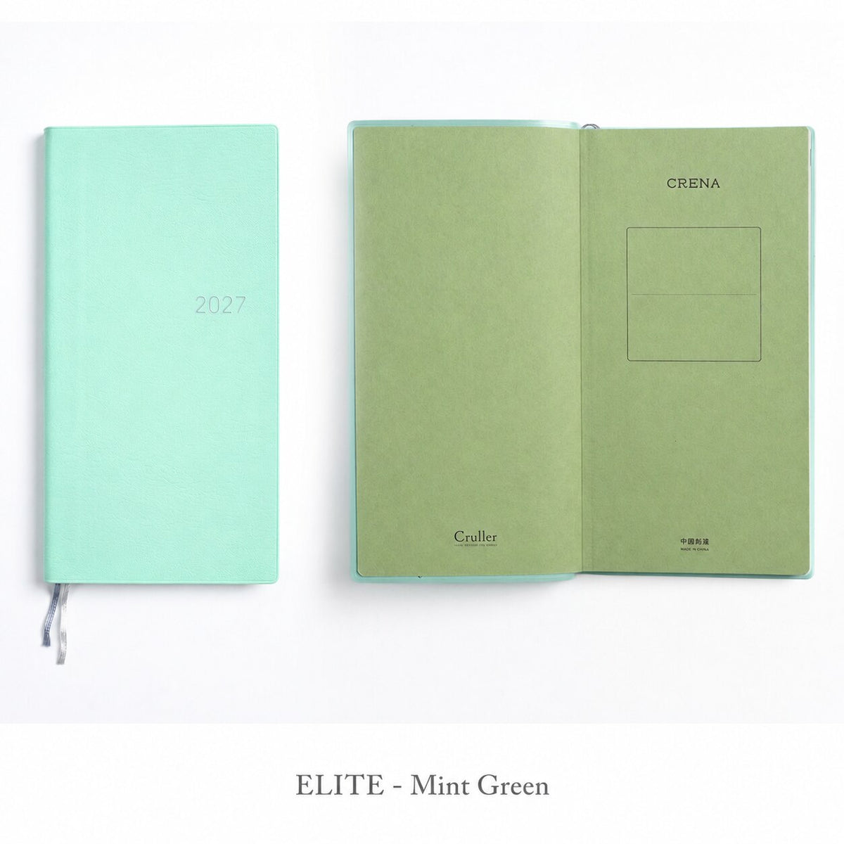 CRENA 2027 weekly planner with ELITE Mint Green cover, showing the front cover and inside title page