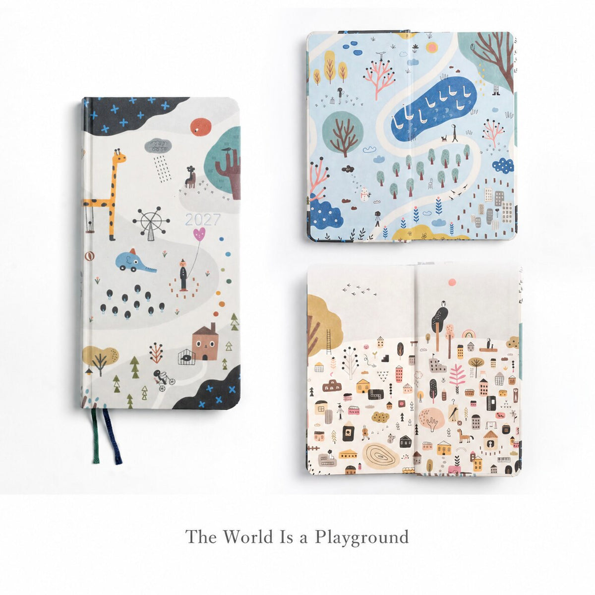 CRENA 2027 weekly planner with The World Is a Playground illustrated cover, showing coordinating illustrated endpapers
