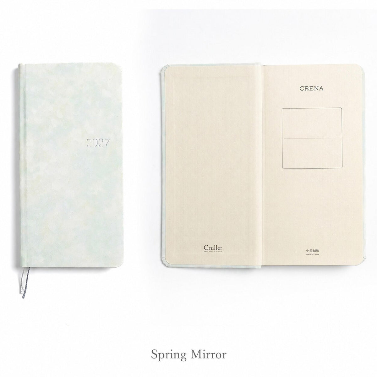 CRENA 2027 weekly planner with Spring Mirror cover, showing the front cover and inside title page