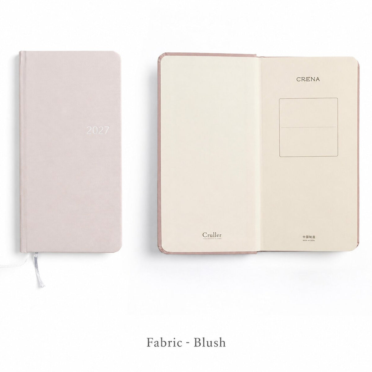 CRENA 2027 weekly planner with blush fabric cover, showing the front cover and inside title page