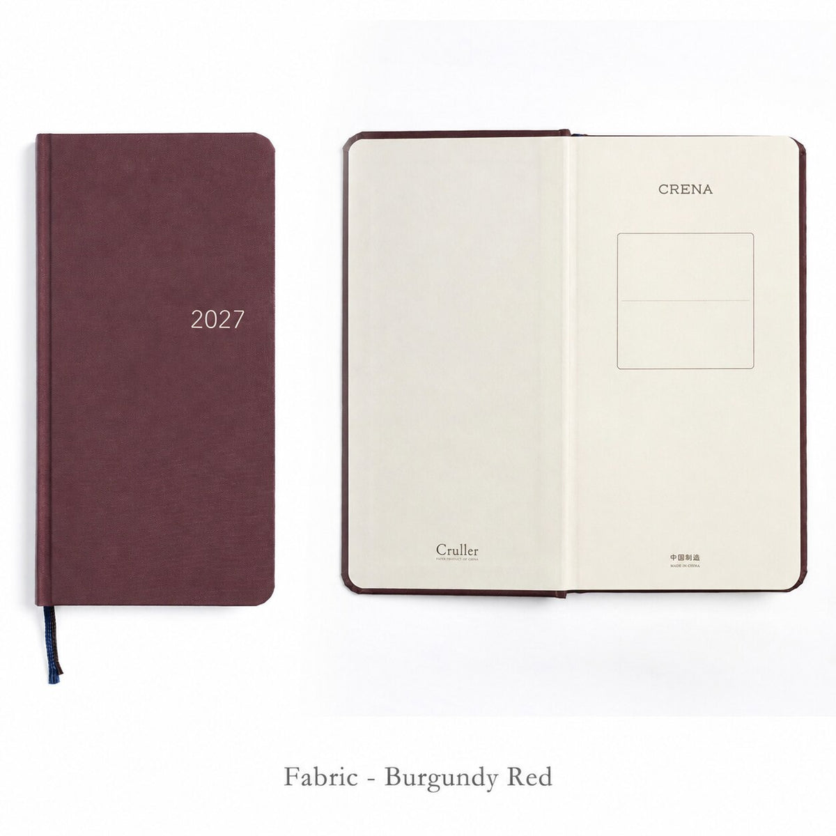 CRENA 2027 weekly planner with burgundy red fabric cover, showing the front cover and inside title page