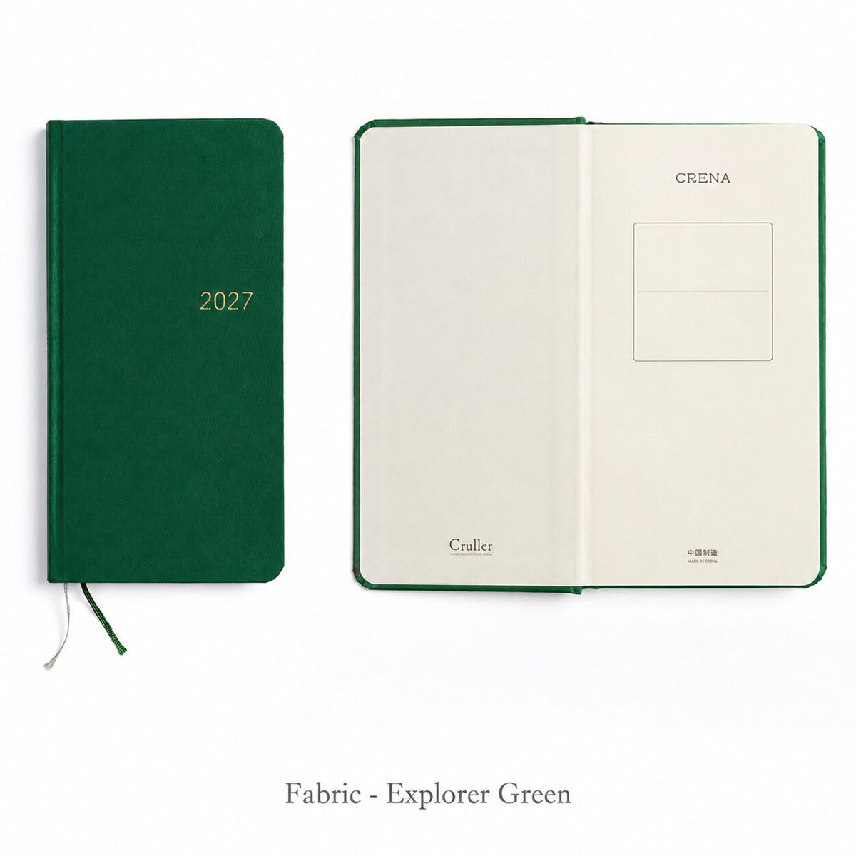 CRENA 2027 weekly planner with Explorer Green fabric cover, showing the front cover and inside title page