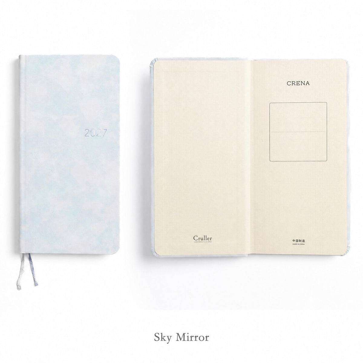 CRENA 2027 weekly planner with Sky Mirror cover, showing the front cover and inside title page