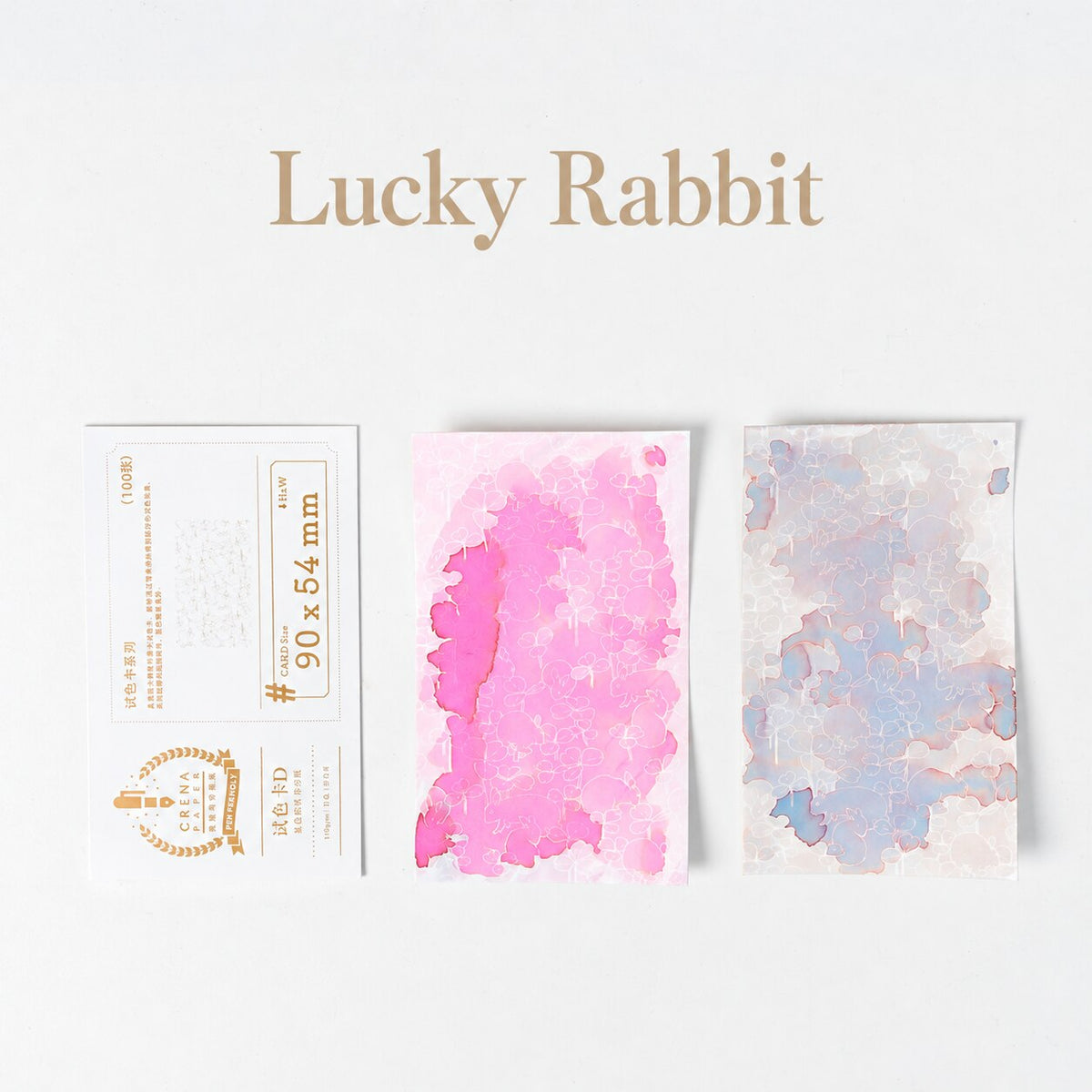 CRENA Lucky Rabbit hydrophobic ink swatch cards with pink and pastel ink samples
