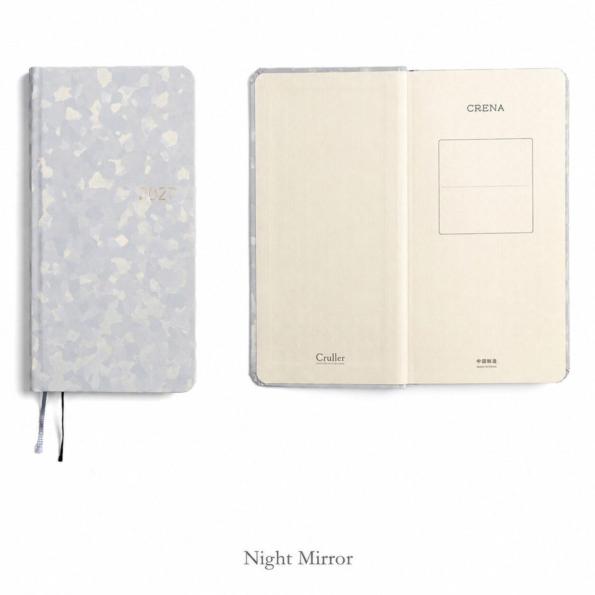 CRENA 2027 weekly planner with Night Mirror cover, showing the front cover and inside title page