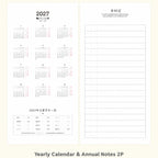 CRENA 2027 weekly planner spread showing the yearly calendar and annual notes page