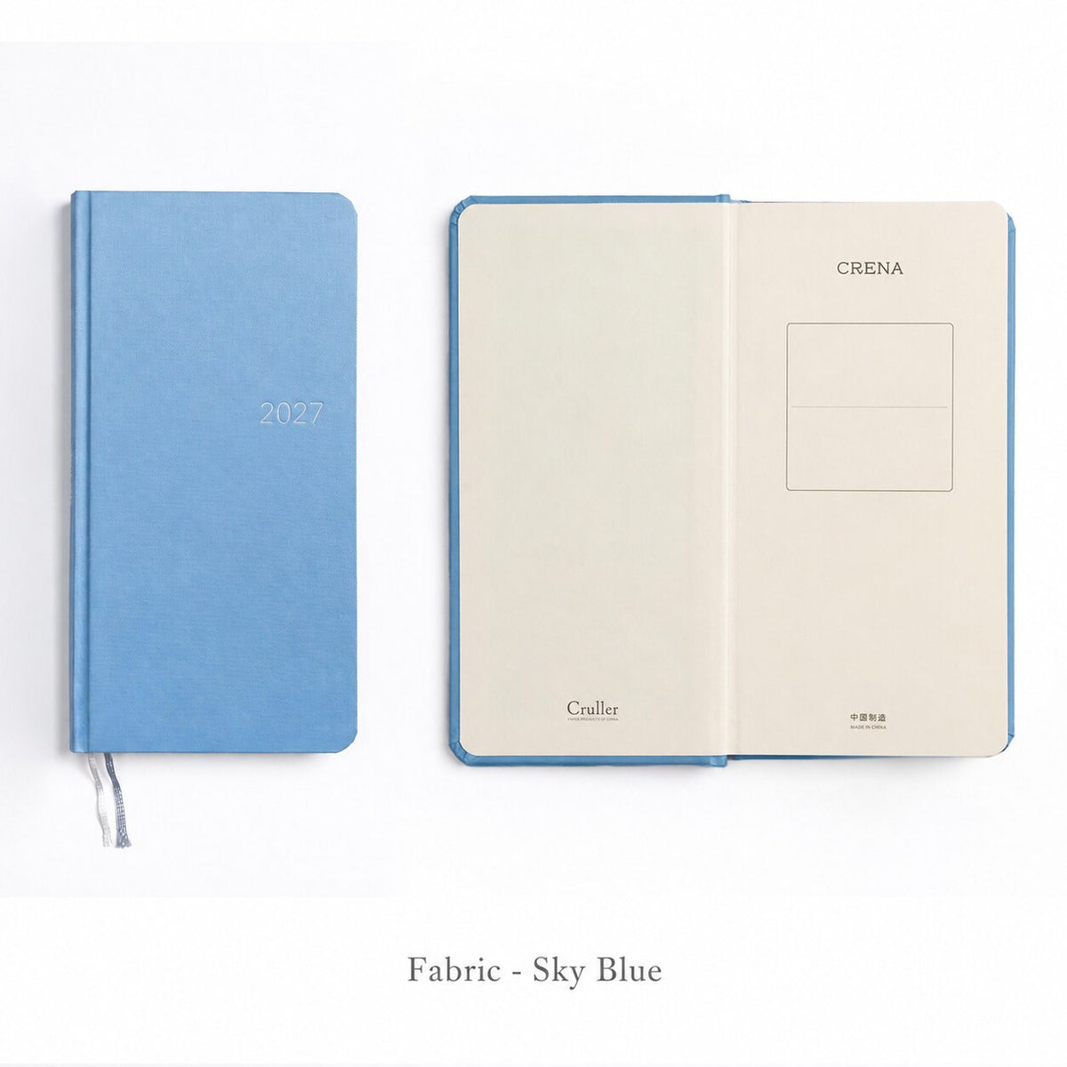 CRENA 2027 weekly planner with Sky Blue fabric cover, showing the front cover and inside title page