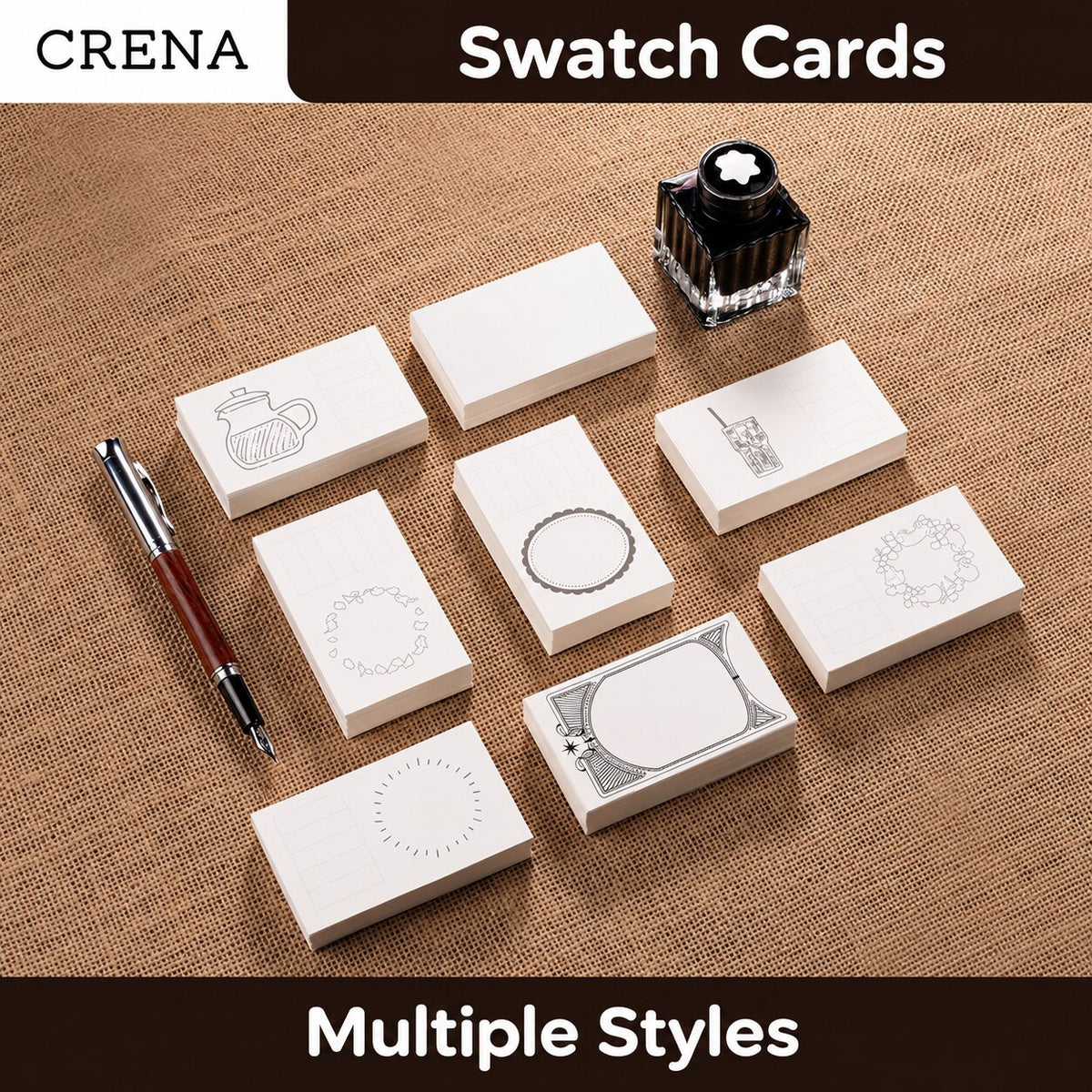 Assorted CRENA ink swatch card designs arranged beside fountain pens and an ink bottle