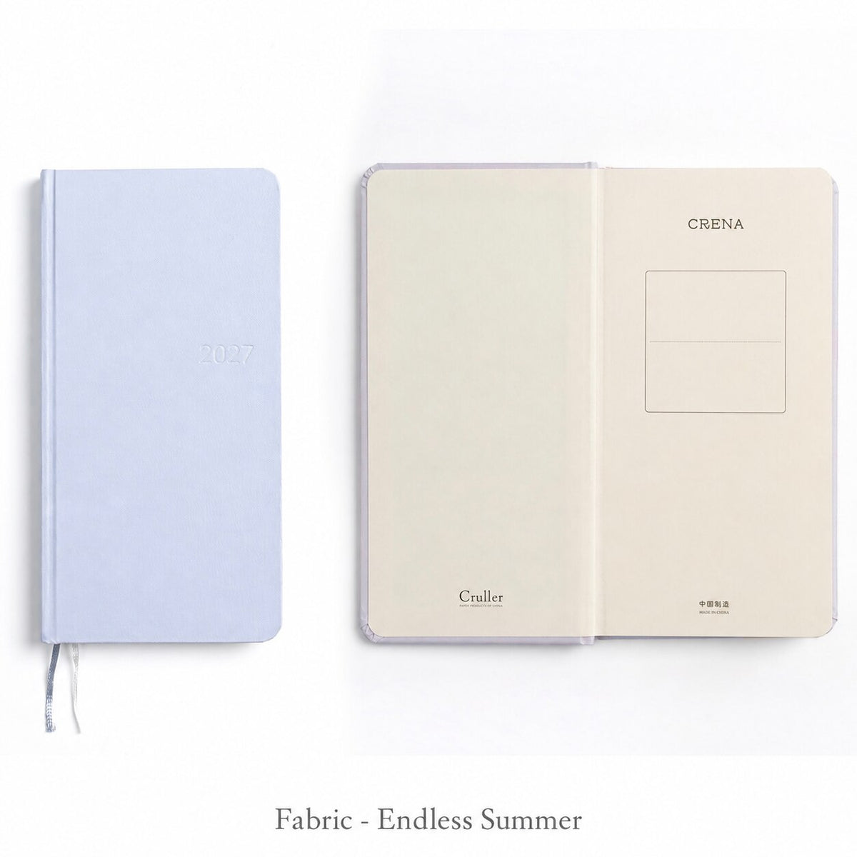 CRENA 2027 weekly planner with Endless Summer fabric cover, showing the front cover and inside title page