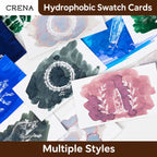Assorted CRENA hydrophobic ink swatch cards with colorful ink samples and decorative white motifs
