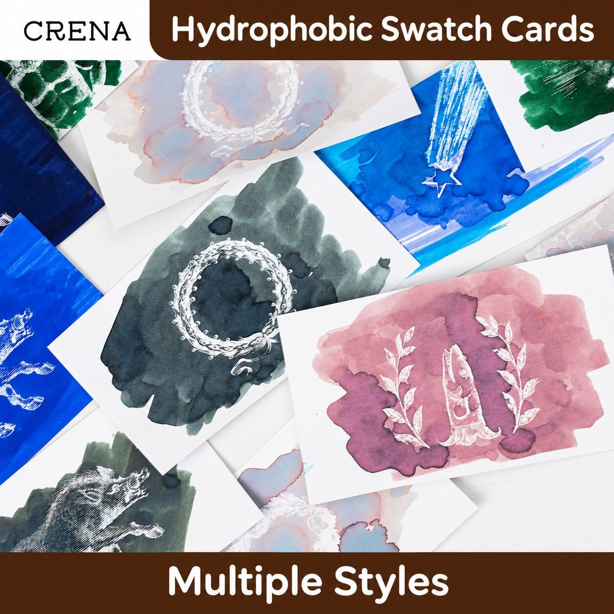 Assorted CRENA hydrophobic ink swatch cards with colorful ink samples and decorative white motifs