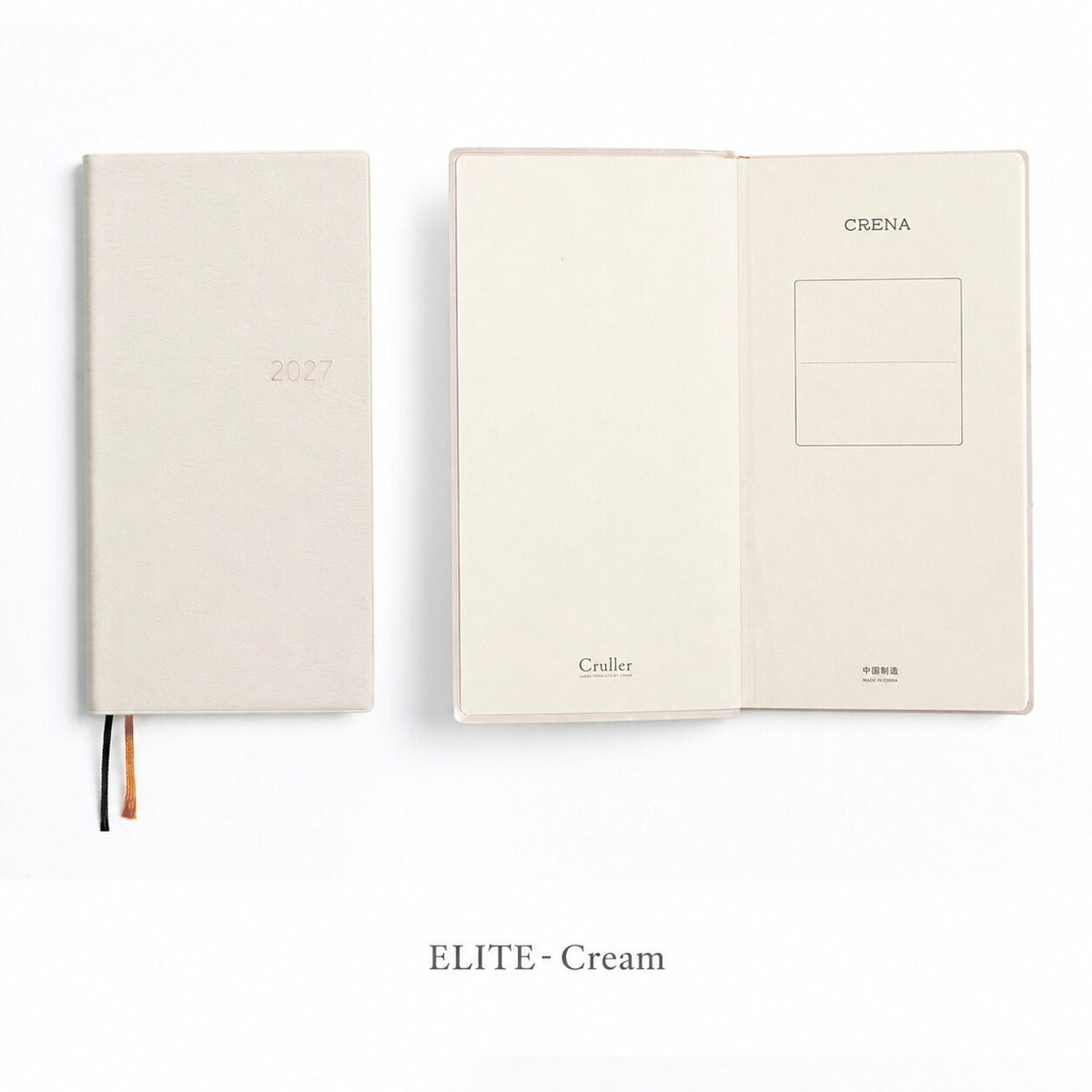 CRENA 2027 weekly planner with ELITE cream cover, showing the front cover and inside title page