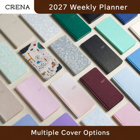 CRENA 2027 weekly planners arranged in assorted solid, patterned, and illustrated cover designs