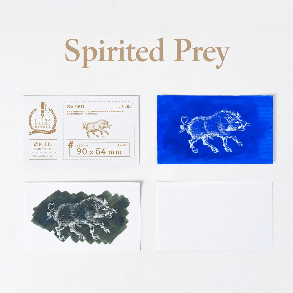 CRENA Spirited Prey hydrophobic ink swatch cards with blue and dark ink revealing a wild boar design