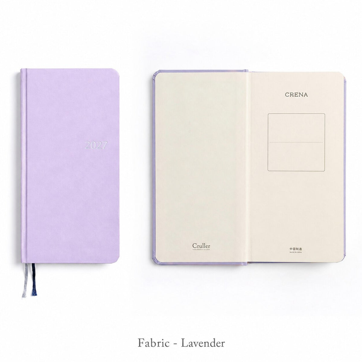 CRENA 2027 weekly planner with Lavender fabric cover, showing the front cover and inside title page
