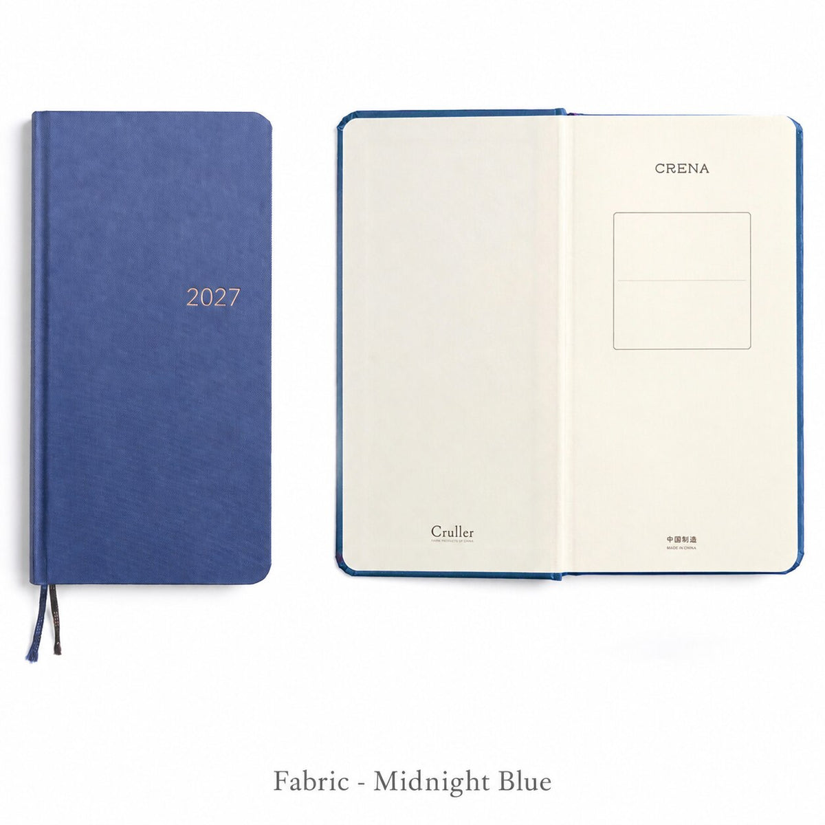 CRENA 2027 weekly planner with Midnight Blue fabric cover, showing the front cover and inside title page