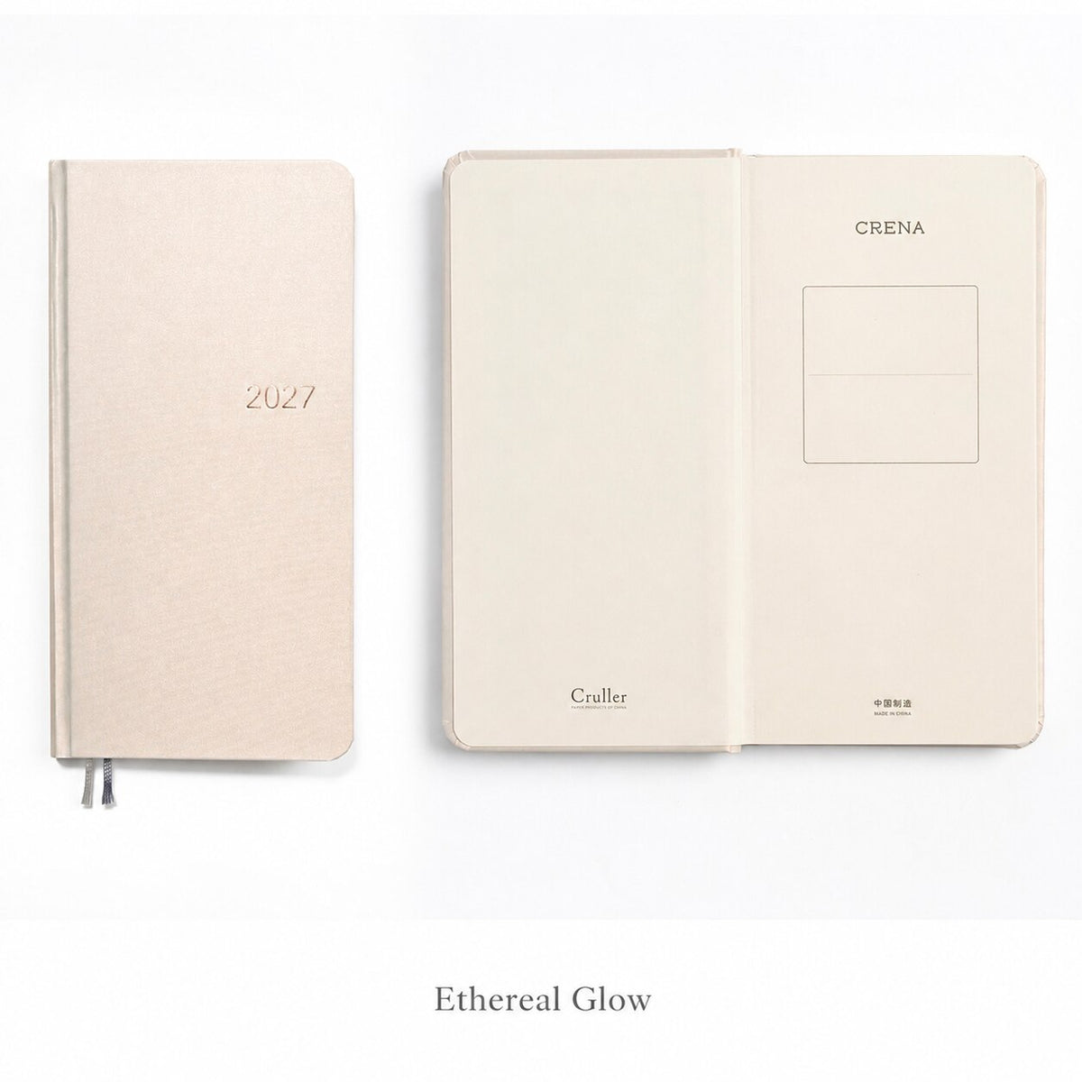CRENA 2027 weekly planner with Ethereal Glow cover, showing the front cover and inside title page