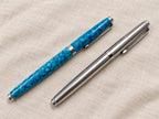 Wing Sung 500 vintage fountain pens in blue marbled acrylic and stainless steel, shown capped