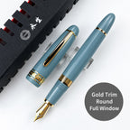 Lake-blue Wing Sung 629 fountain pen with gold-tone trim, rounded ends, and a full ink window
